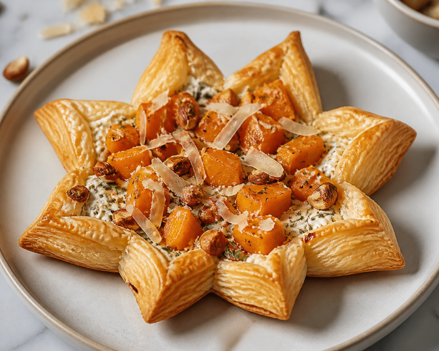 Estrella navideña de hojaldre con ricotta de hierbas, calabaza asada y almendras especiadas
