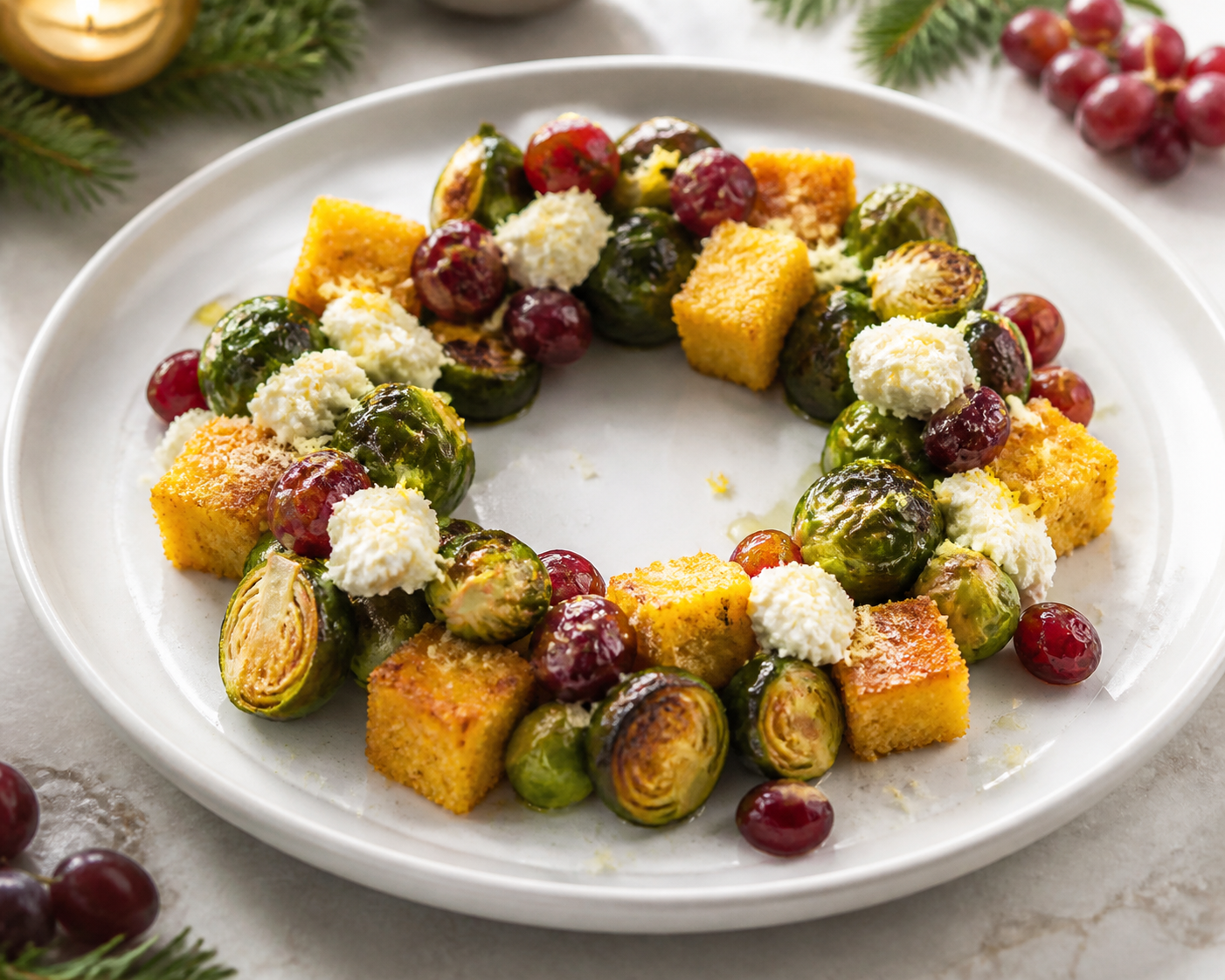 Corona navideña de coles de Bruselas caramelizadas con ricotta de limón, uvas asadas y crocante de polenta