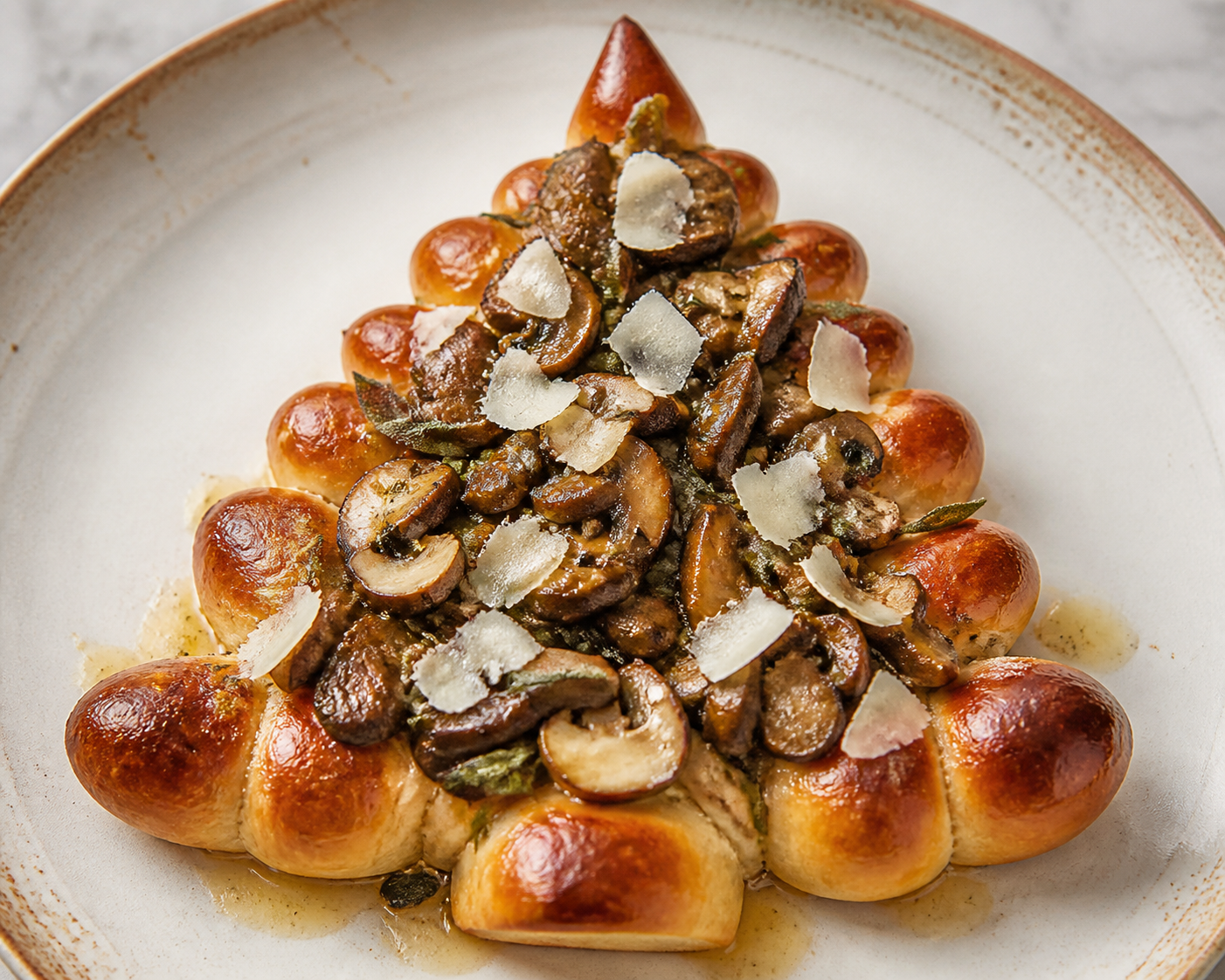 Árbol navideño de pan brioche salado con champiñones al jerez, queso manchego y mantequilla de salvia