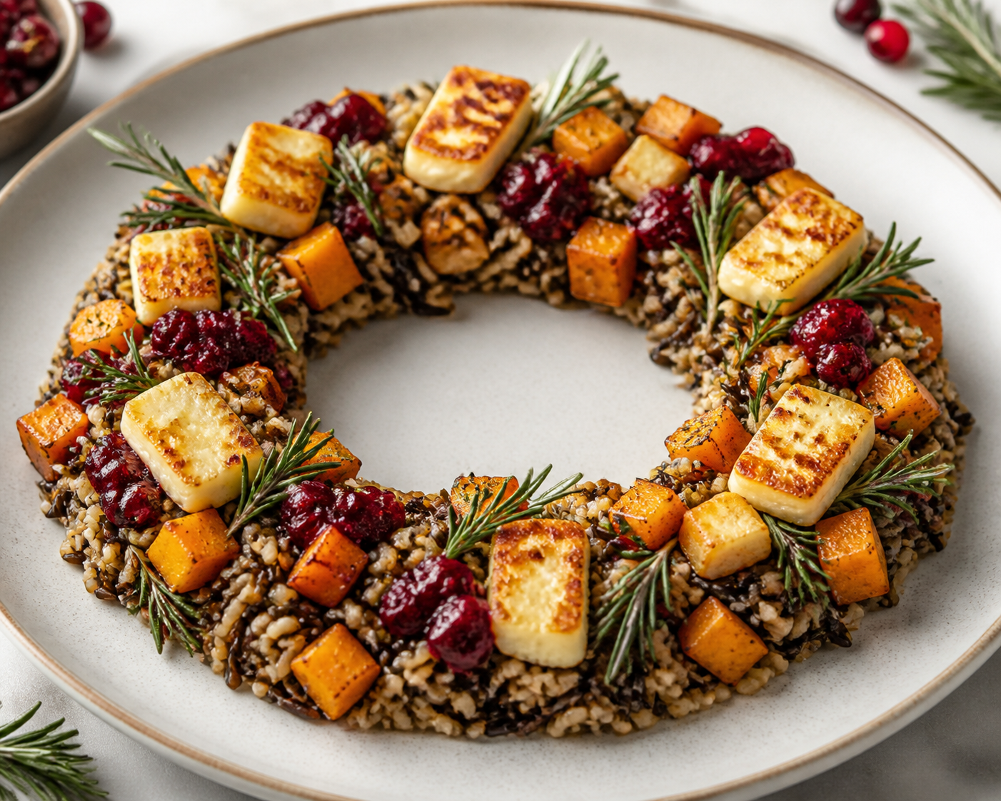 Corona navideña de arroz salvaje con calabaza asada, halloumi dorado y salsa de arándanos al romero