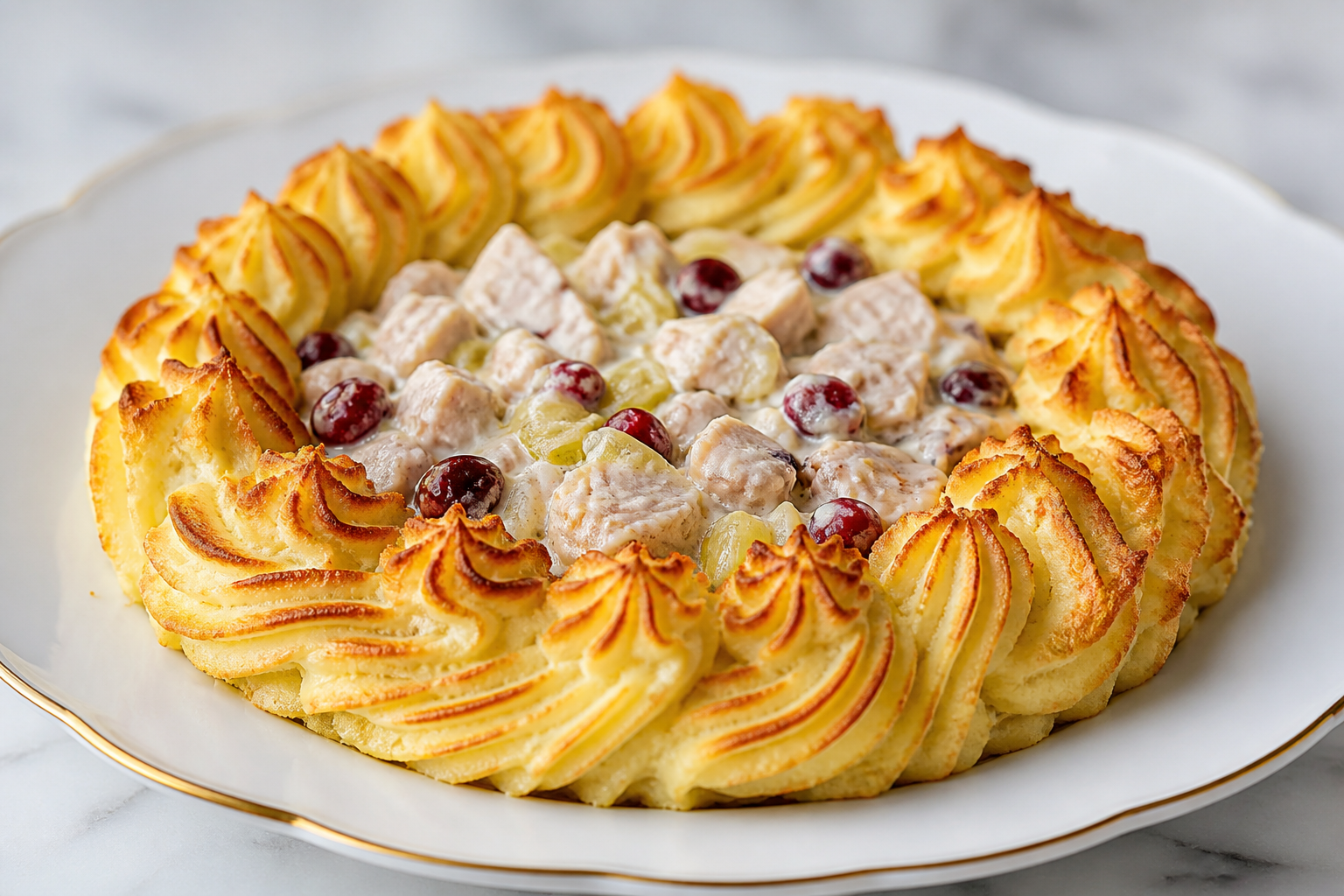 Corona navideña de papas duchesa con ragú cremoso de pavo, puerro y arándanos al oporto