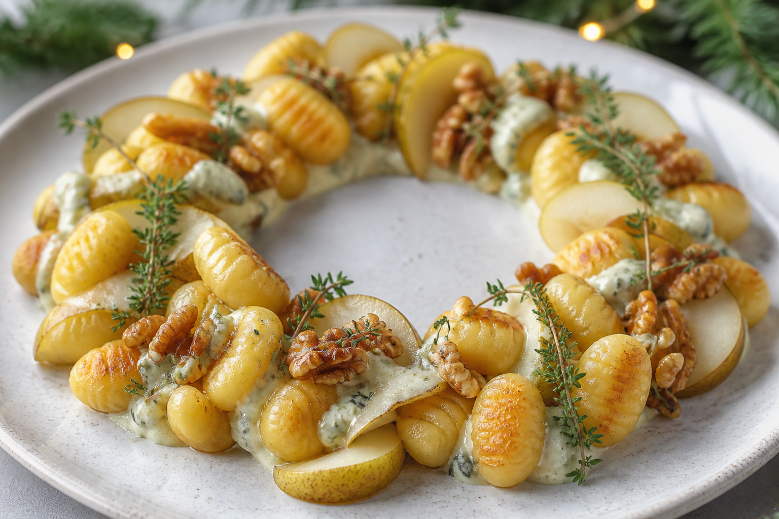 Corona navideña de ñoquis dorados con crema de gorgonzola, peras al tomillo y nueces especiadas