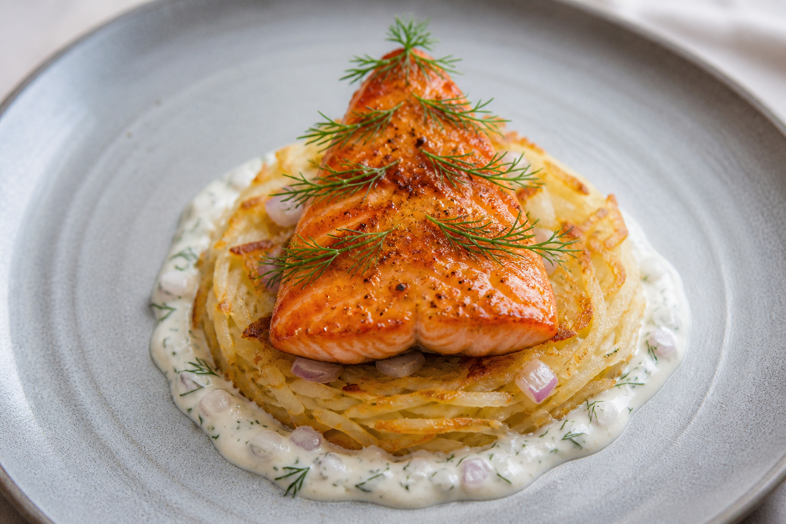 Abeto navideño de salmón glaseado con miel y mostaza sobre rösti de chirivía, crema de rábano y eneldo