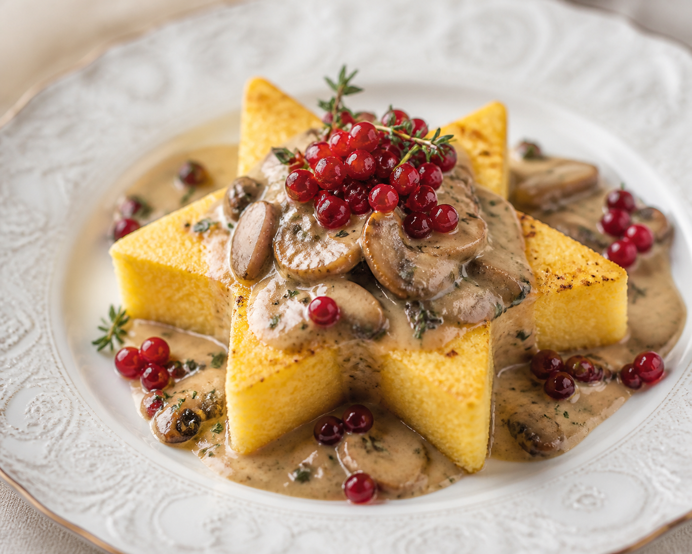 Estrella navideña de polenta dorada con ragú cremoso de setas al tomillo y perlas de arándano
