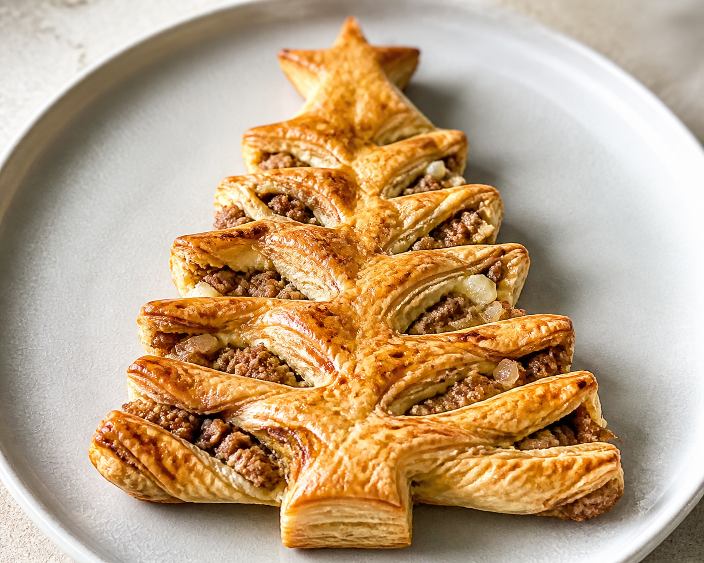 Árbol navideño de hojaldre integral con pavo especiado, cebolla caramelizada y crema suave de mascarpone al limón