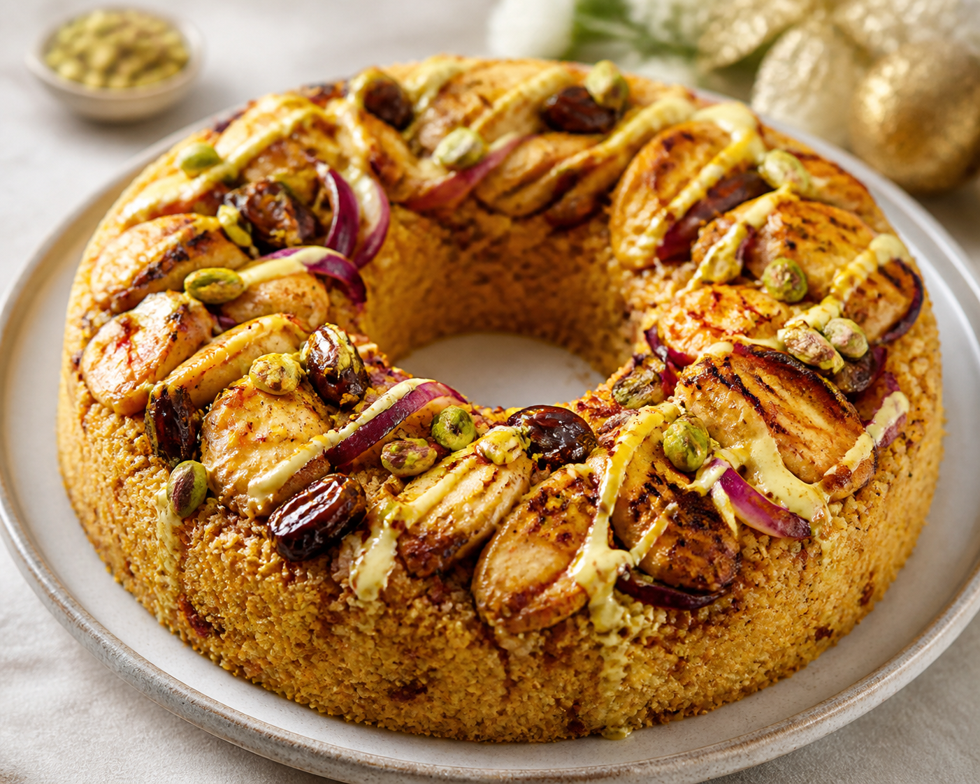 Corona navideña de cuscús al horno con pollo especiado, dátiles, pistachos y salsa tibia de yogur al azafrán