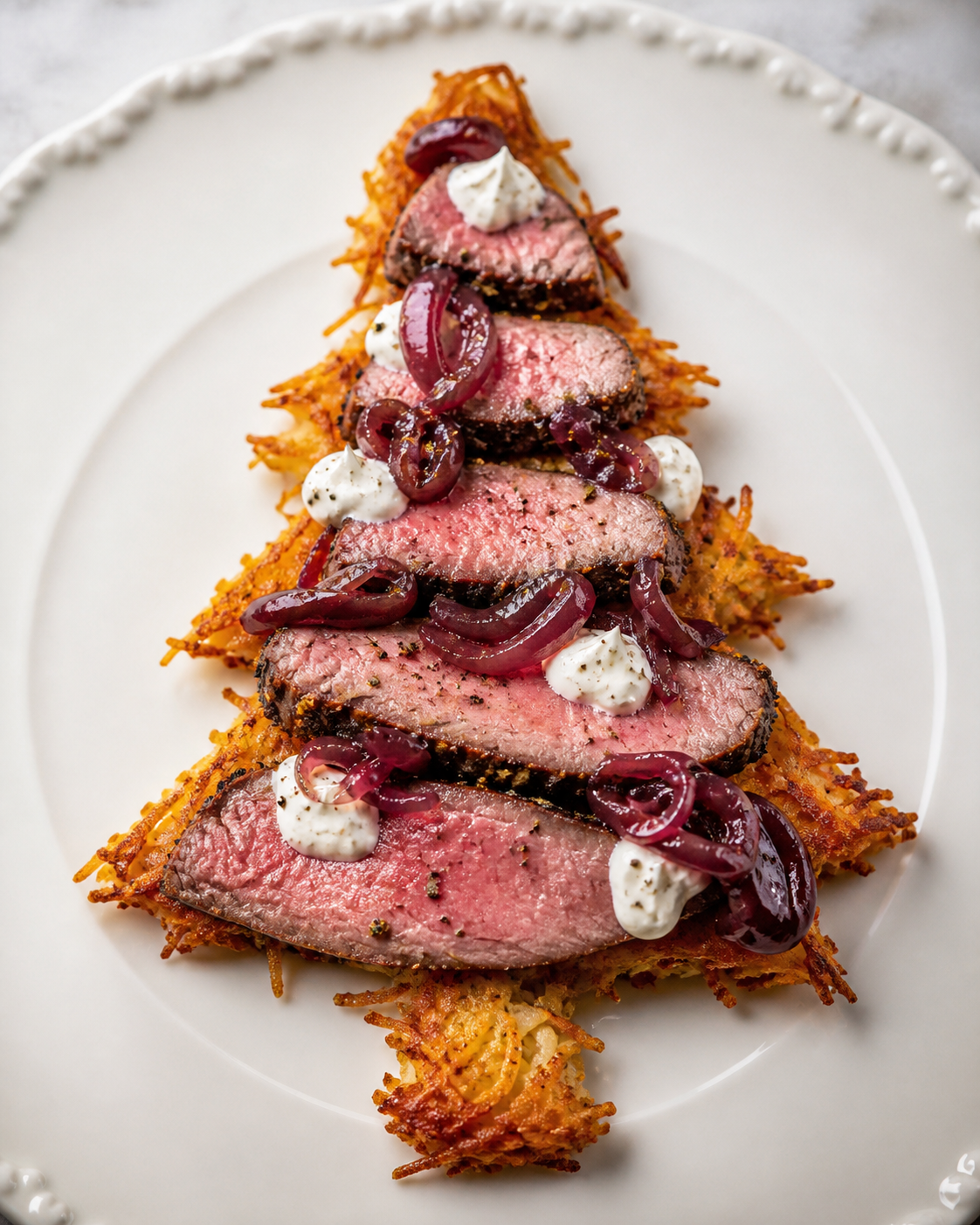 Árbol navideño de papas rösti con roast beef especiado, crema de rábano y cebollas moradas al vino