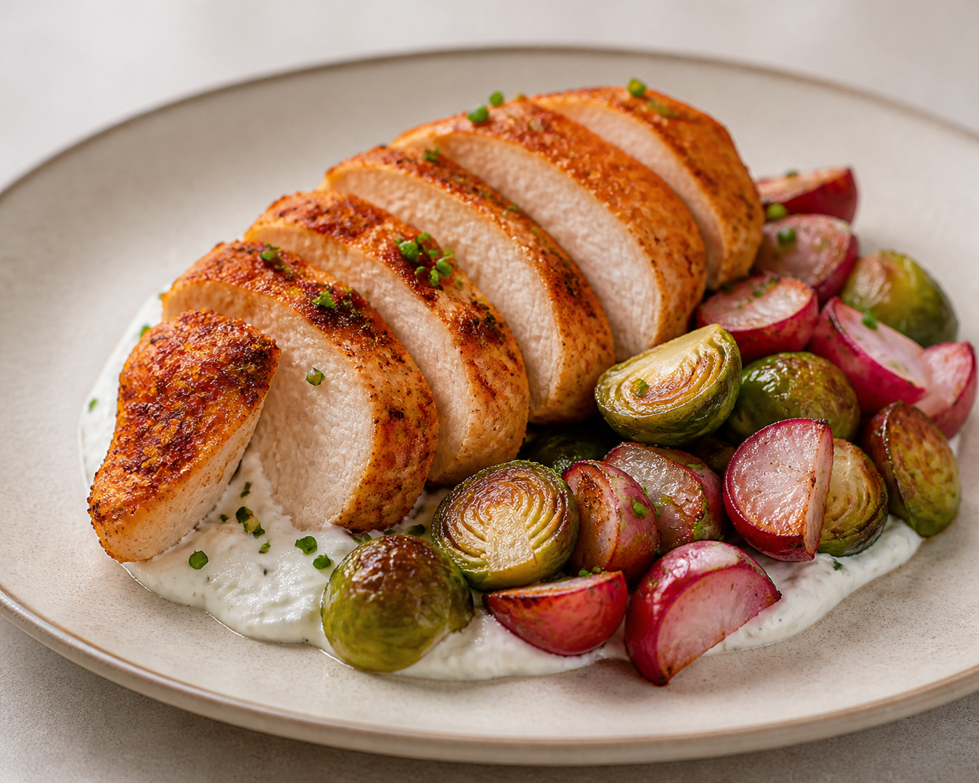 Pavo al pimentón y limón con coles de Bruselas, rabanitos asados y crema de ricotta con cebollino