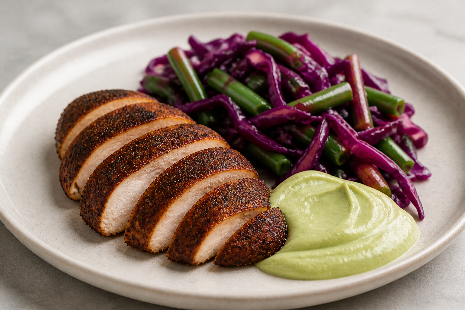 Pollo al horno con costra de cacao y especias, ensalada tibia de col morada y judías verdes, con crema de aguacate y lima