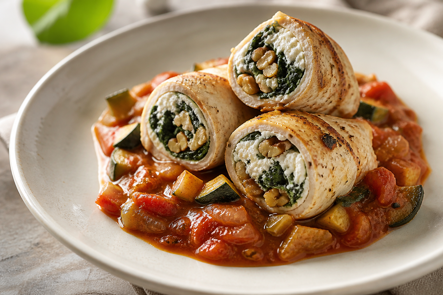 Rollitos de pavo con ricotta, espinaca y nuez sobre ragú de tomate y calabacín