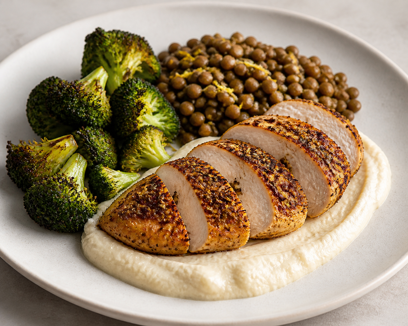 Pollo al zaatar con crema de coliflor y tahini, brócoli asado y lentejas al limón