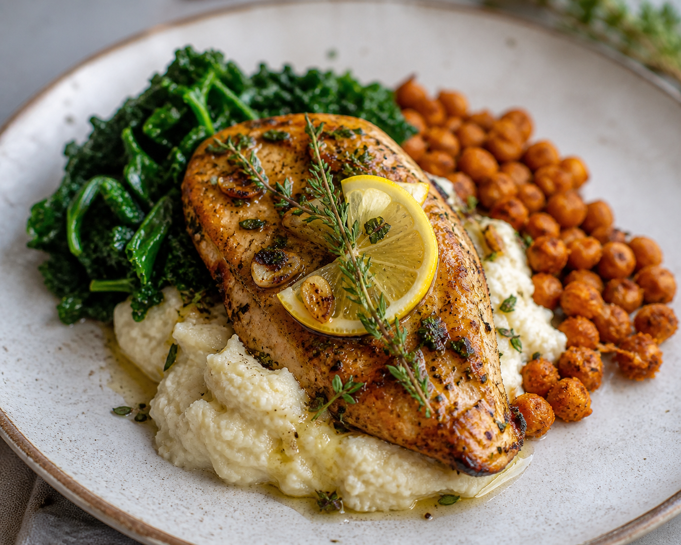 Pechuga de pollo al tomillo y limón con puré rústico de coliflor y apio nabo, kale salteada y garbanzos especiados crujientes