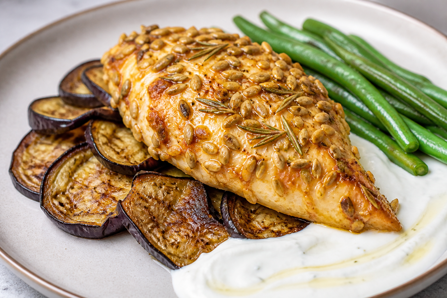 Pollo al horno con costra de girasol y romero sobre berenjena asada, salteado de judías verdes y crema ligera de yogur con limón