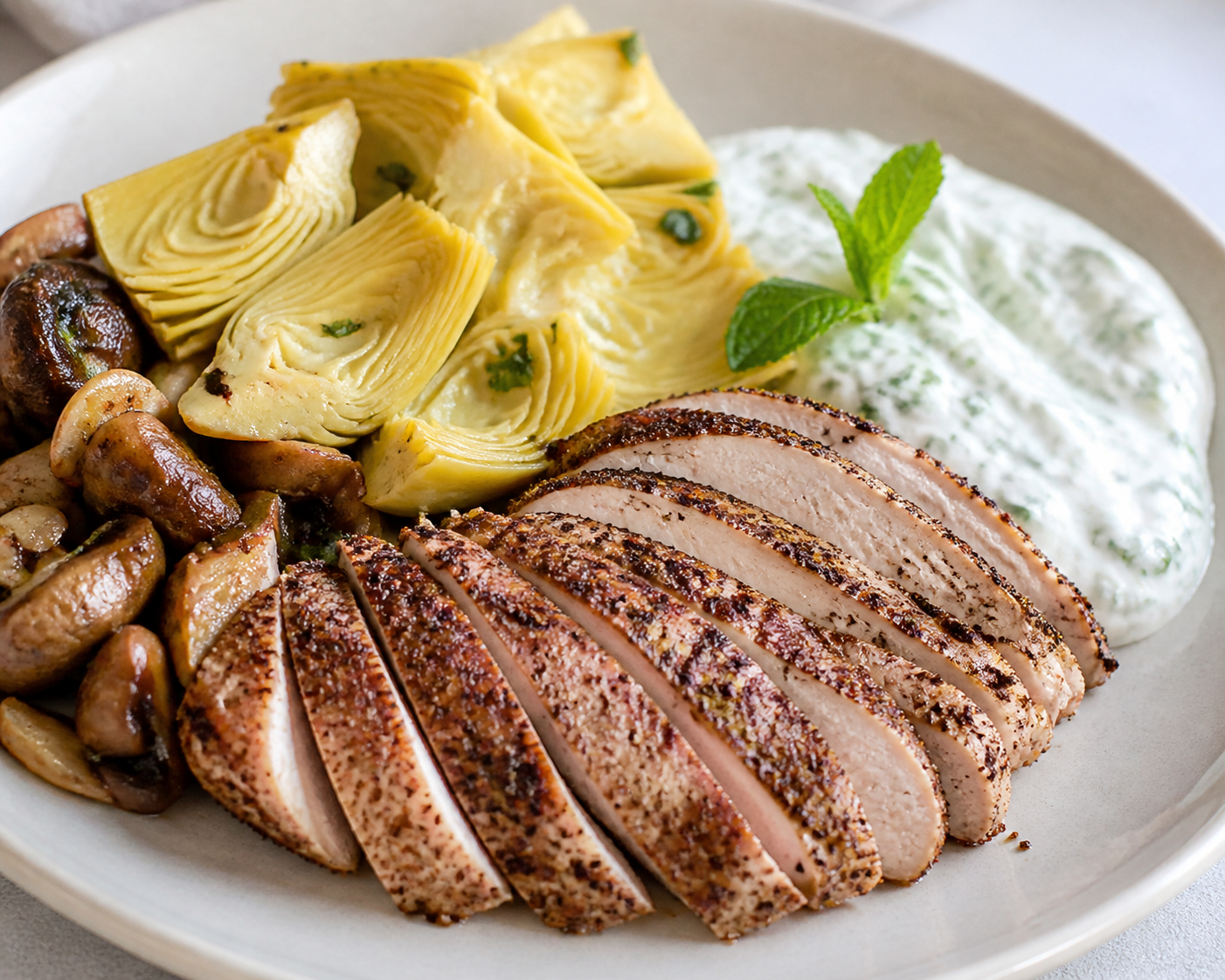 Pavo al zumaque con alcachofas doradas, setas al ajo y crema templada de ricotta y menta