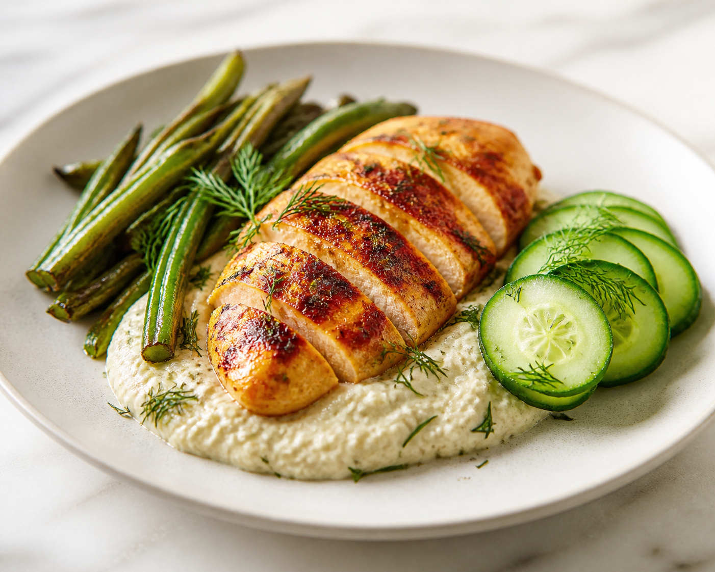 Paprika and lemon chicken breast with cauliflower-tofu cream, roasted green beans, and dill cucumber