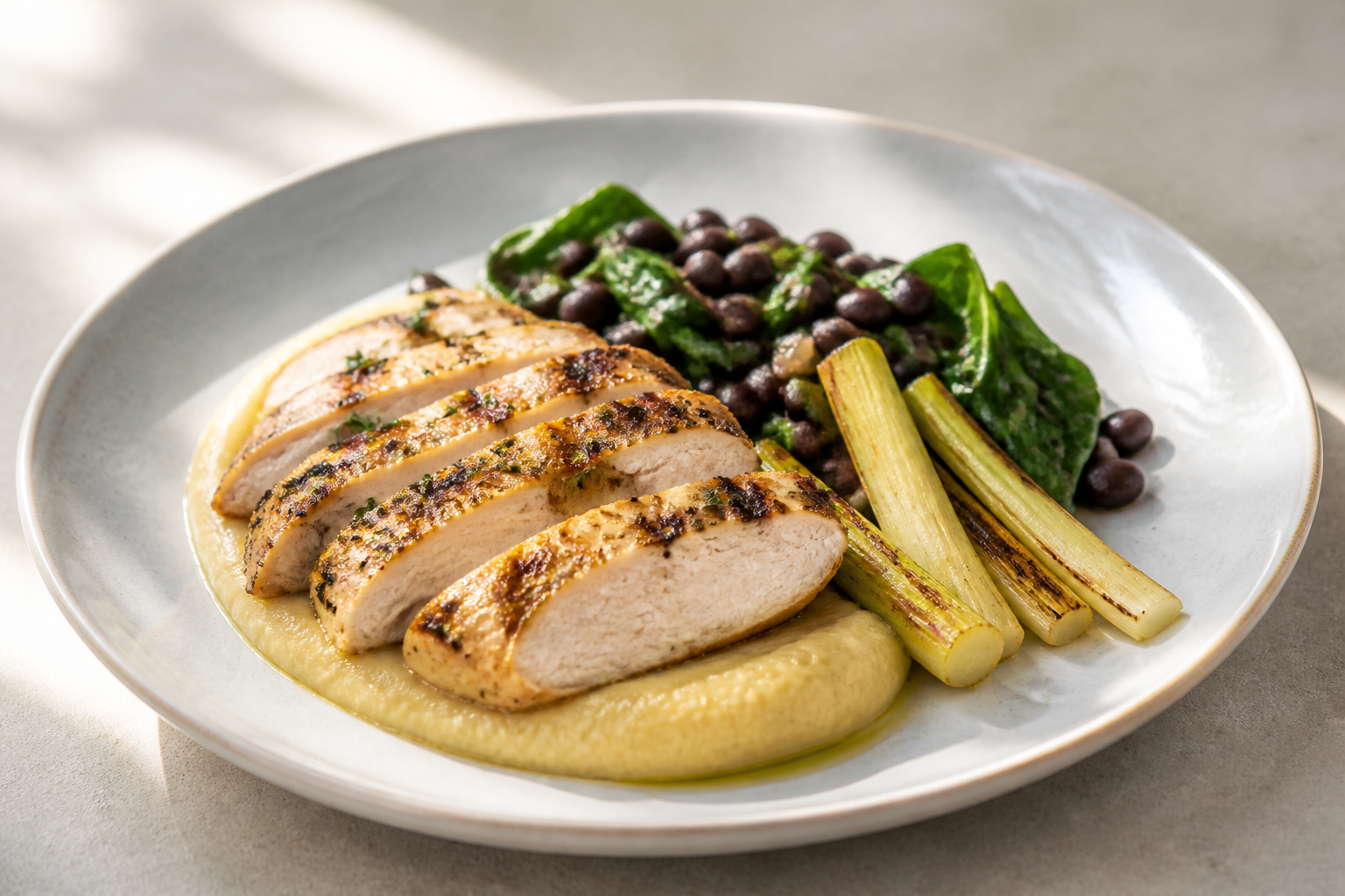 Pollo al limón y tomillo con crema de colinabo, puerro asado y ensalada tibia de espinaca y alubias negras