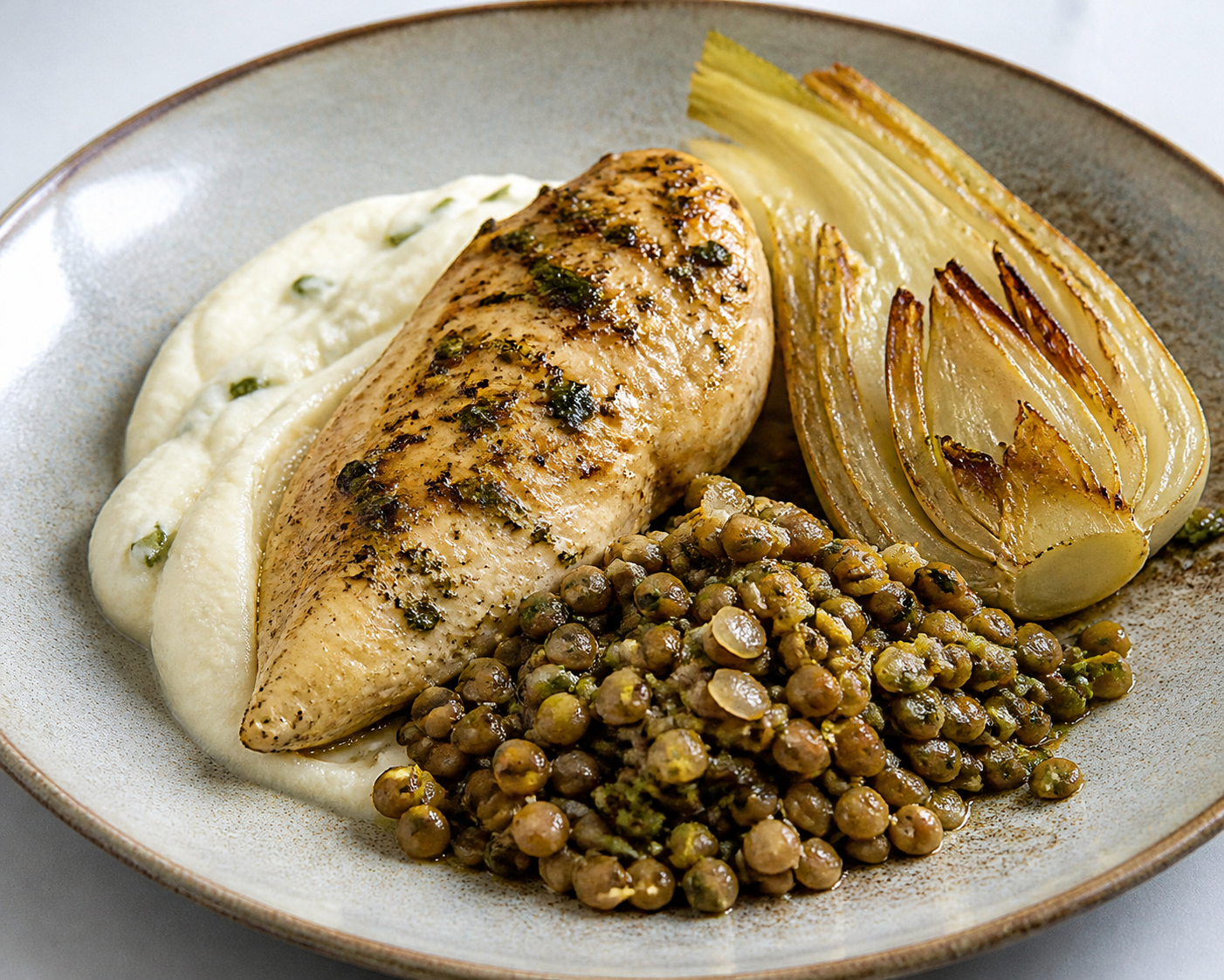 Pechuga de pollo al estragón con crema de coliflor y nabo, hinojo asado y lentejas al limón