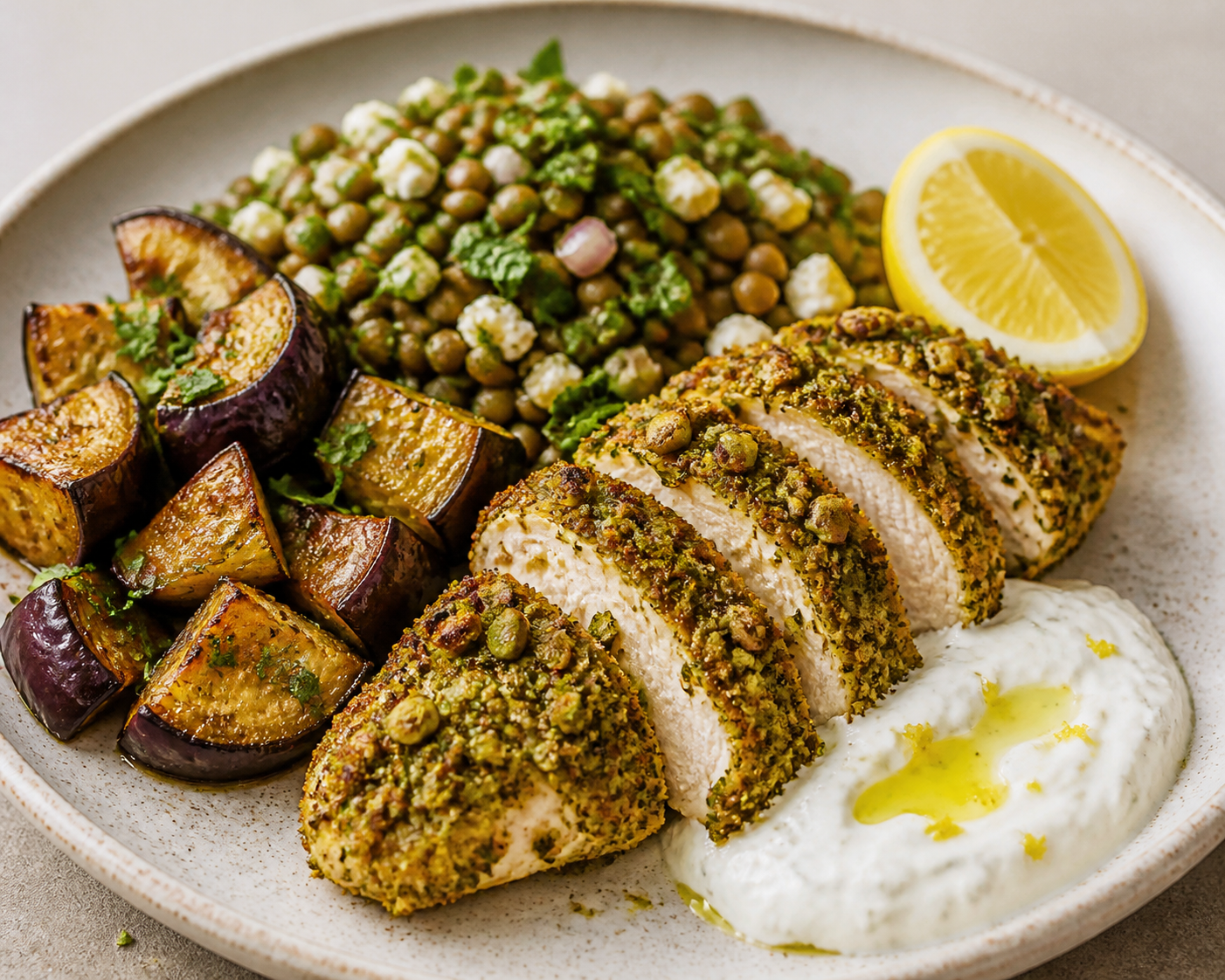 Herb and Pistachio Crusted Chicken with Roasted Eggplant, Warm Lentil Salad, and Fresh Lemon Yogurt Sauce