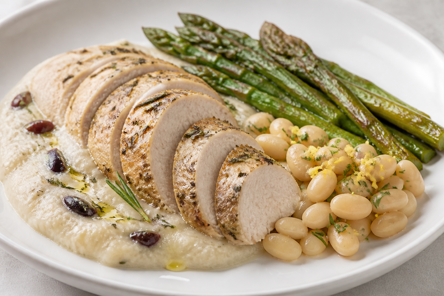 Pavo al romero con crema de coliflor y aceituna, espárragos asados y alubias blancas al limón