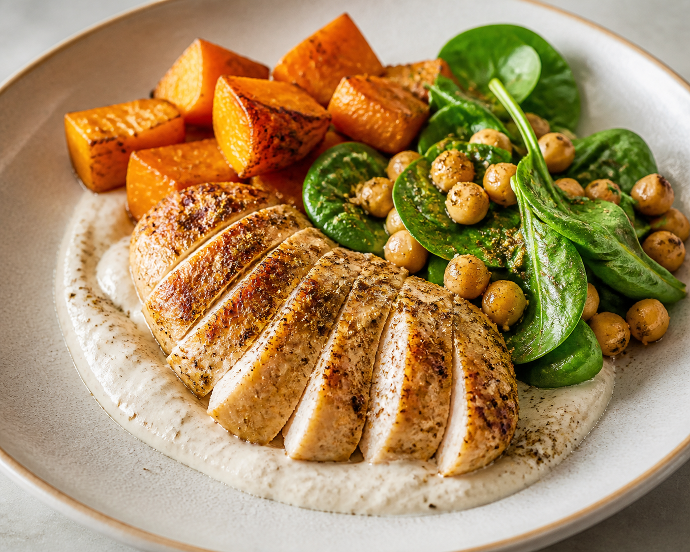 Pechuga de pollo al cardamomo con calabaza asada, ensalada tibia de garbanzos y espinaca, y crema ligera de tahini y yogur