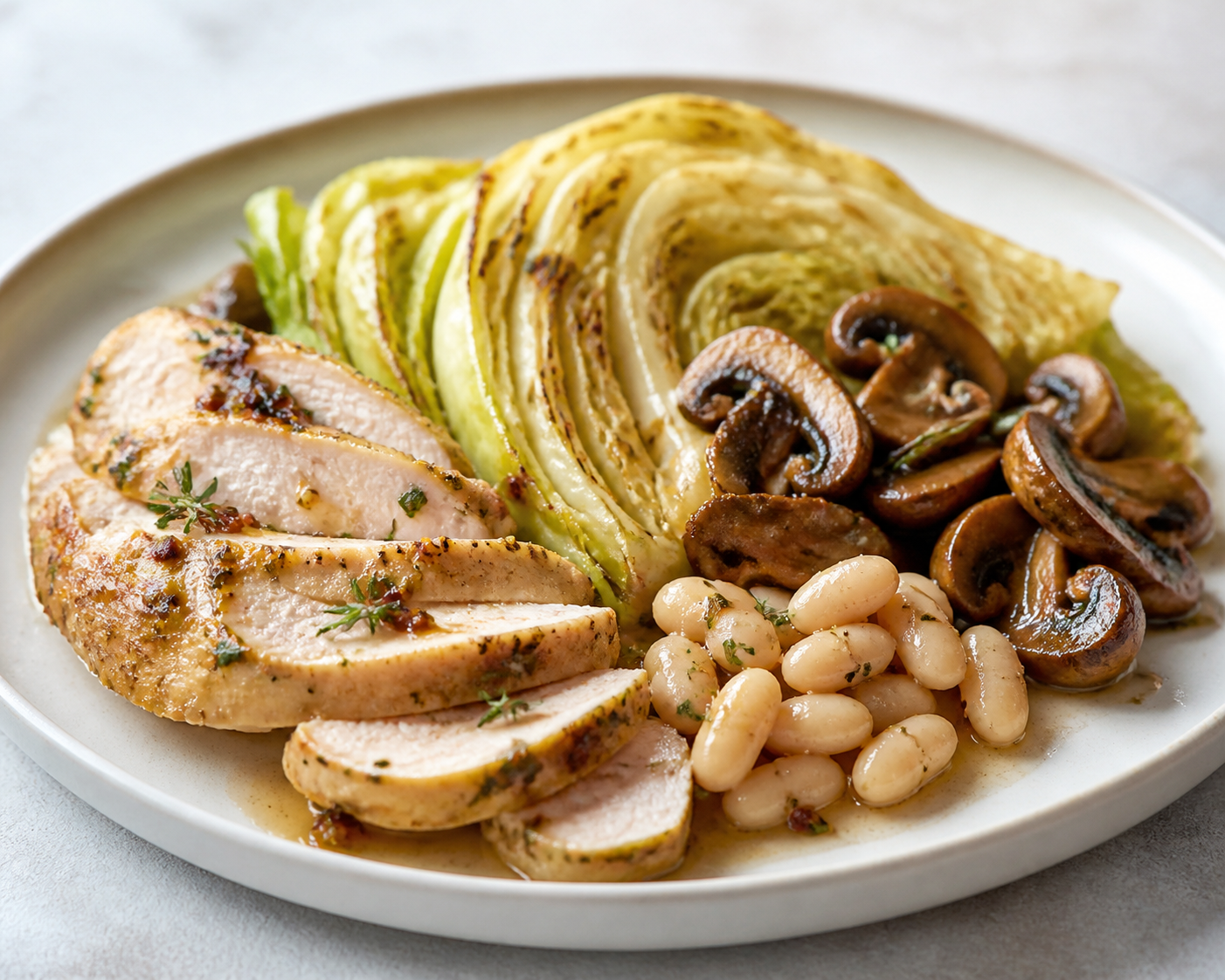 Pavo al limón y mostaza con repollo asado, champiñones al romero y alubias blancas templadas