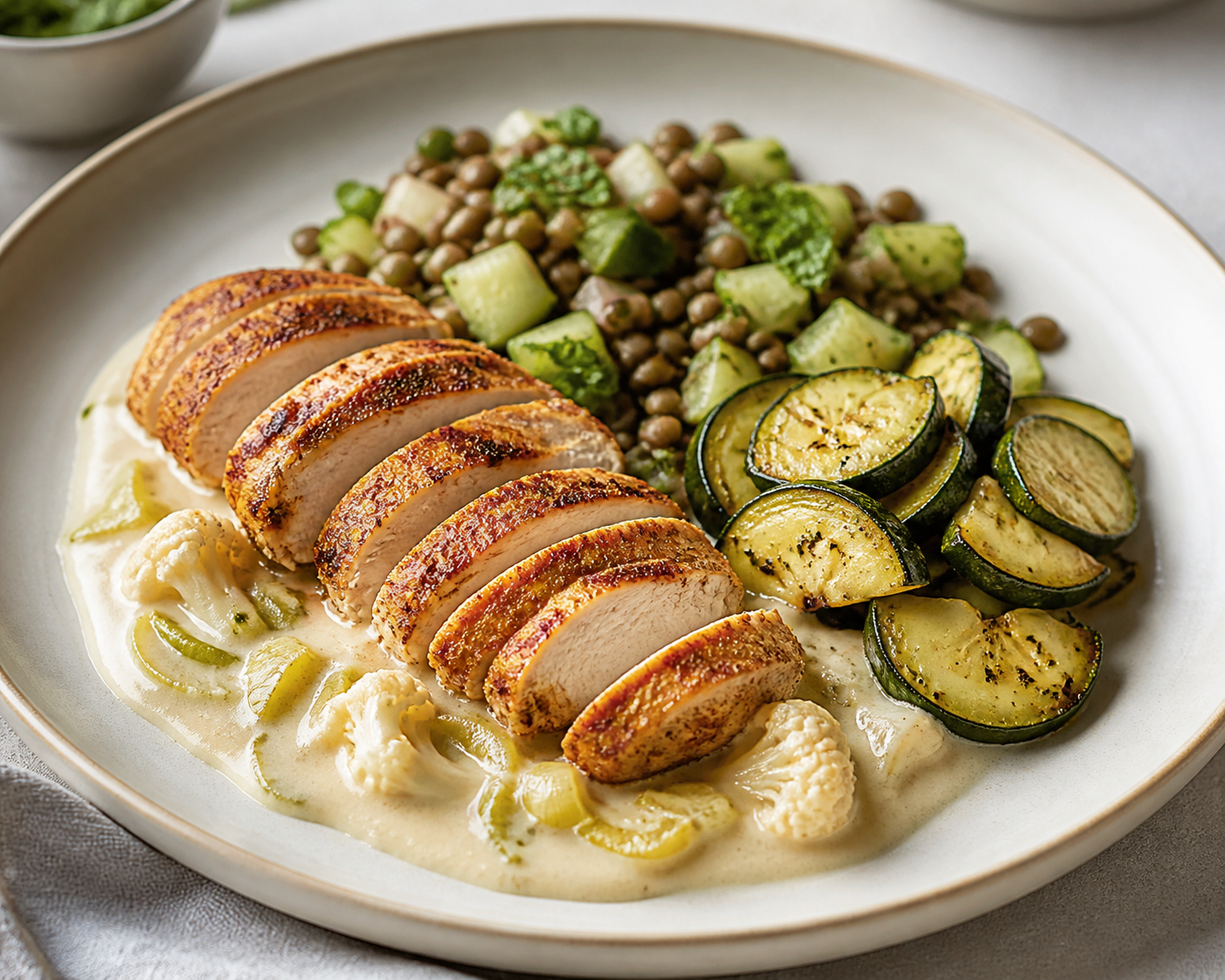 Pollo especiado con crema tibia de coliflor y puerro, calabacín al orégano y ensalada de lentejas con pepino y menta