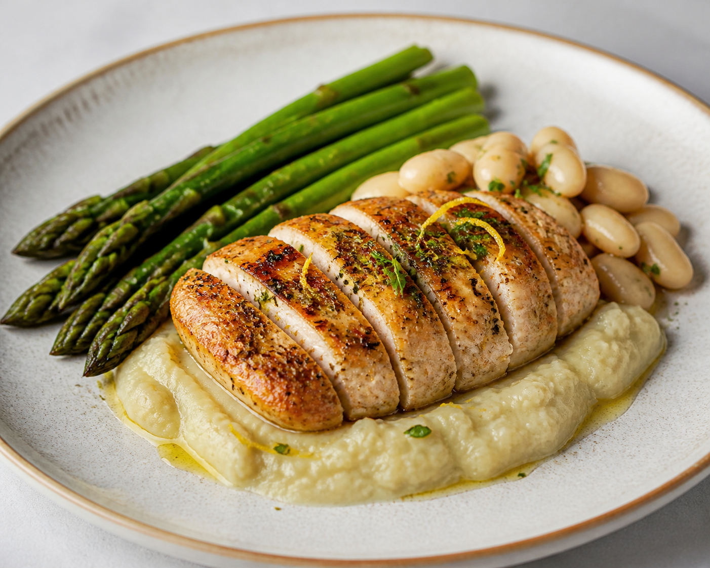 Pechuga de pollo al laurel y limón con cremoso de alcachofa, espárragos salteados y alubias blancas tibias