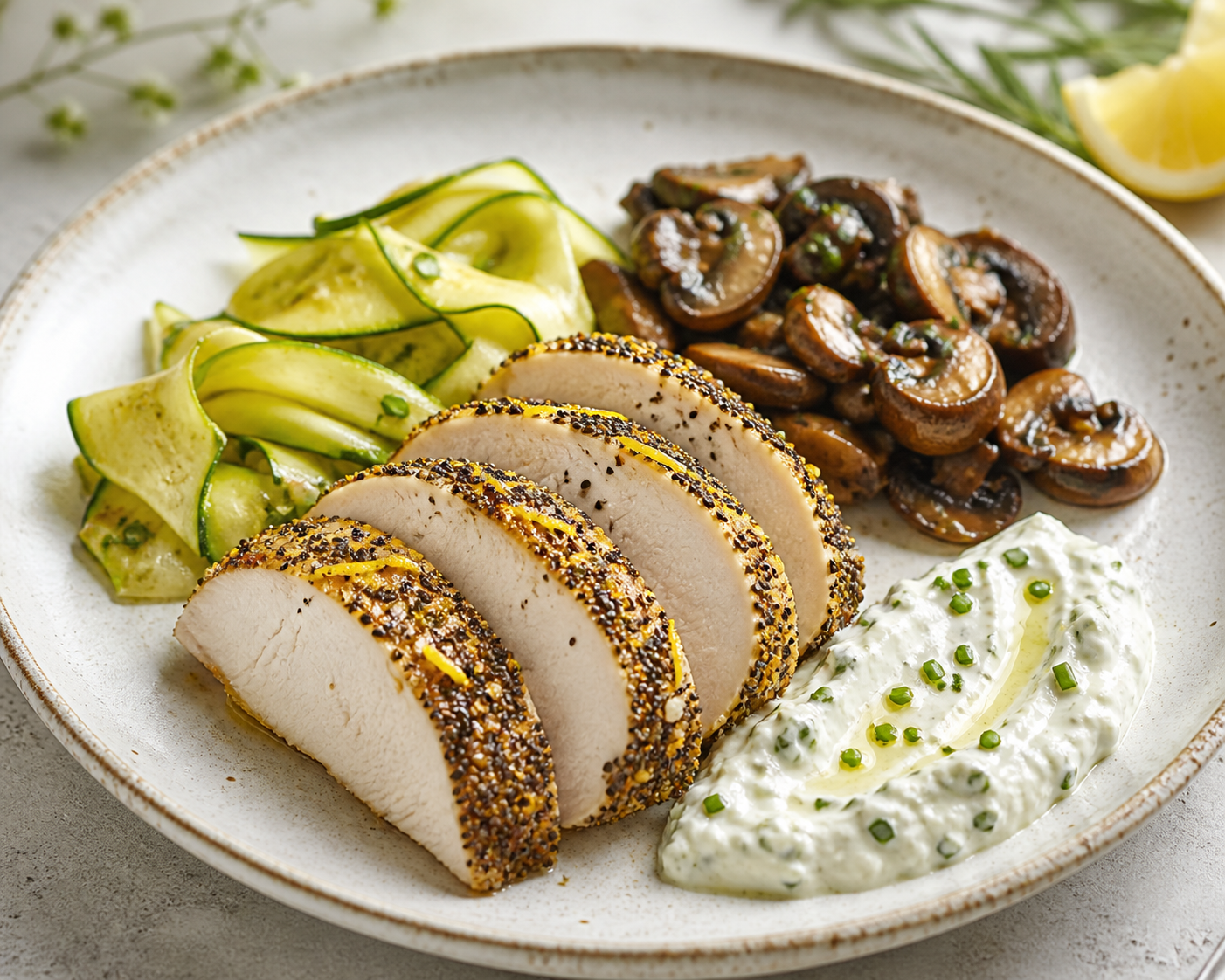 Pavo al horno con costra de chía y limón, calabacín en cintas, champiñones al ajo y crema ligera de ricotta con cebollino