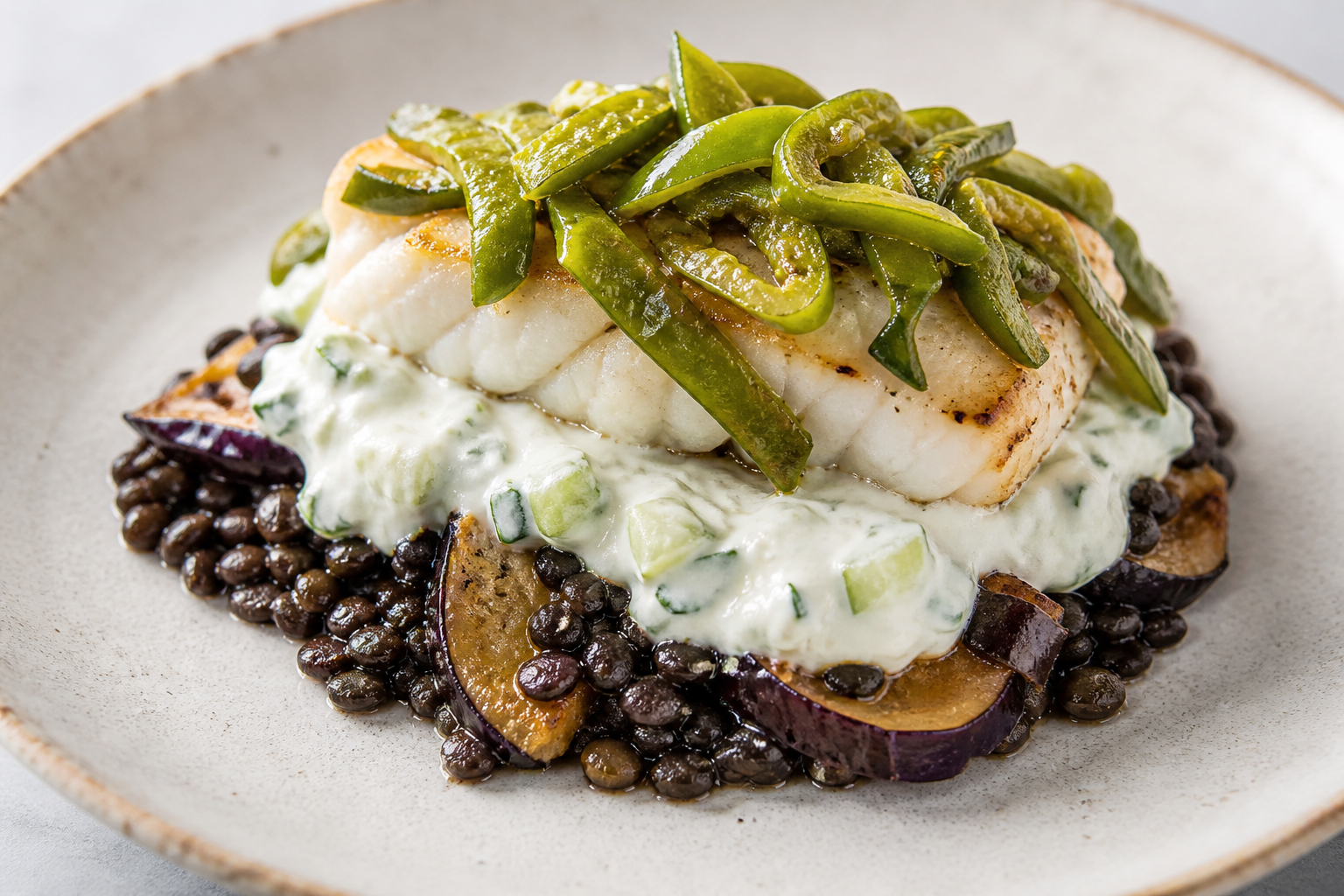 Bacalao al pimentón verde con berenjena asada, lentejas negras y salsa fresca de yogur con pepino