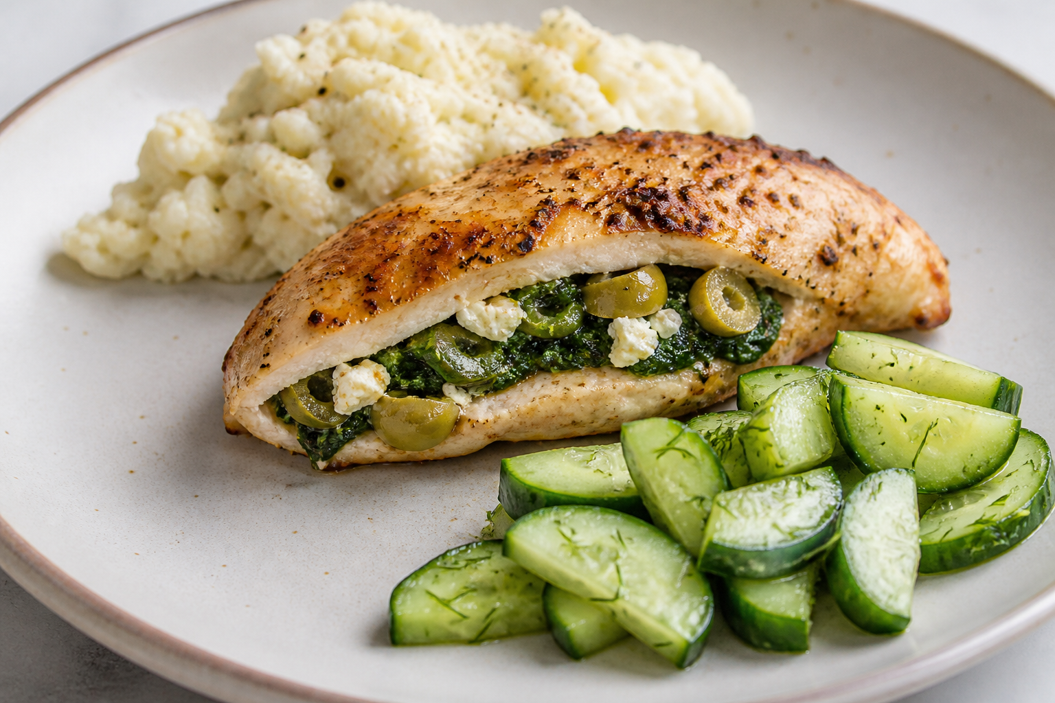 Pechuga de pollo rellena de espinaca y aceitunas con puré de coliflor al ajo asado y pepino crujiente al eneldo