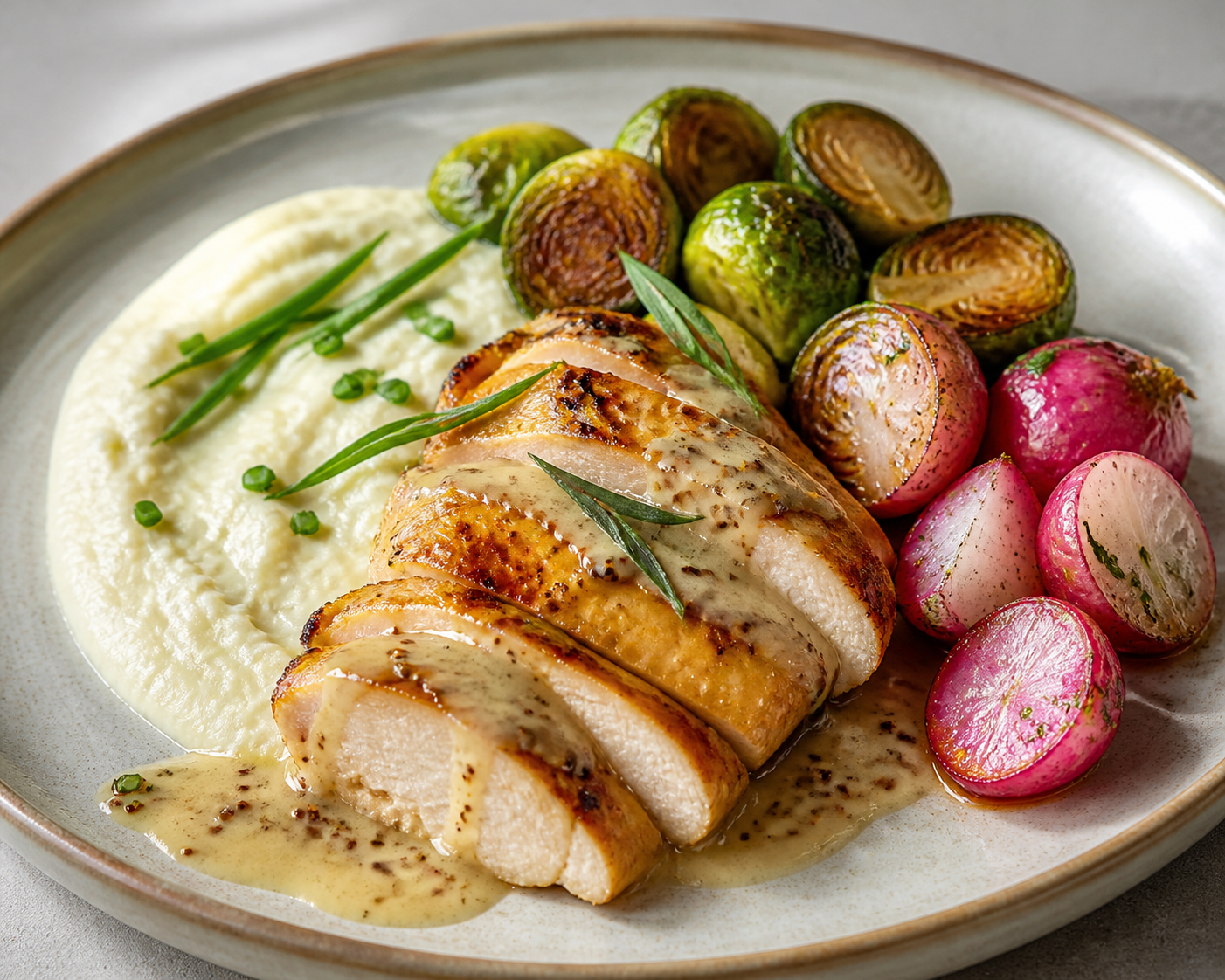 Pechuga de pollo al estragón y mostaza suave con coles de Bruselas asadas, rabanitos tibios y crema de coliflor al cebollino