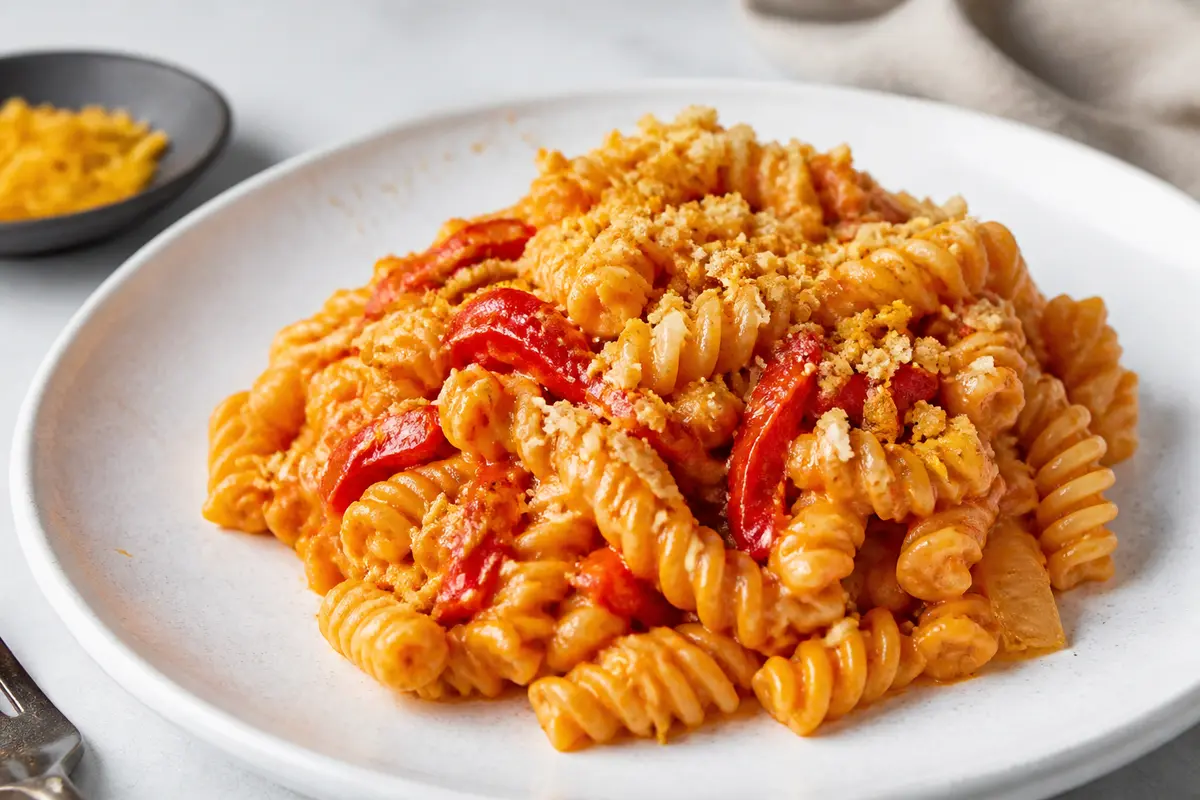Creamy Roasted Pepper Fusilli with Crispy Lemon Crumbs