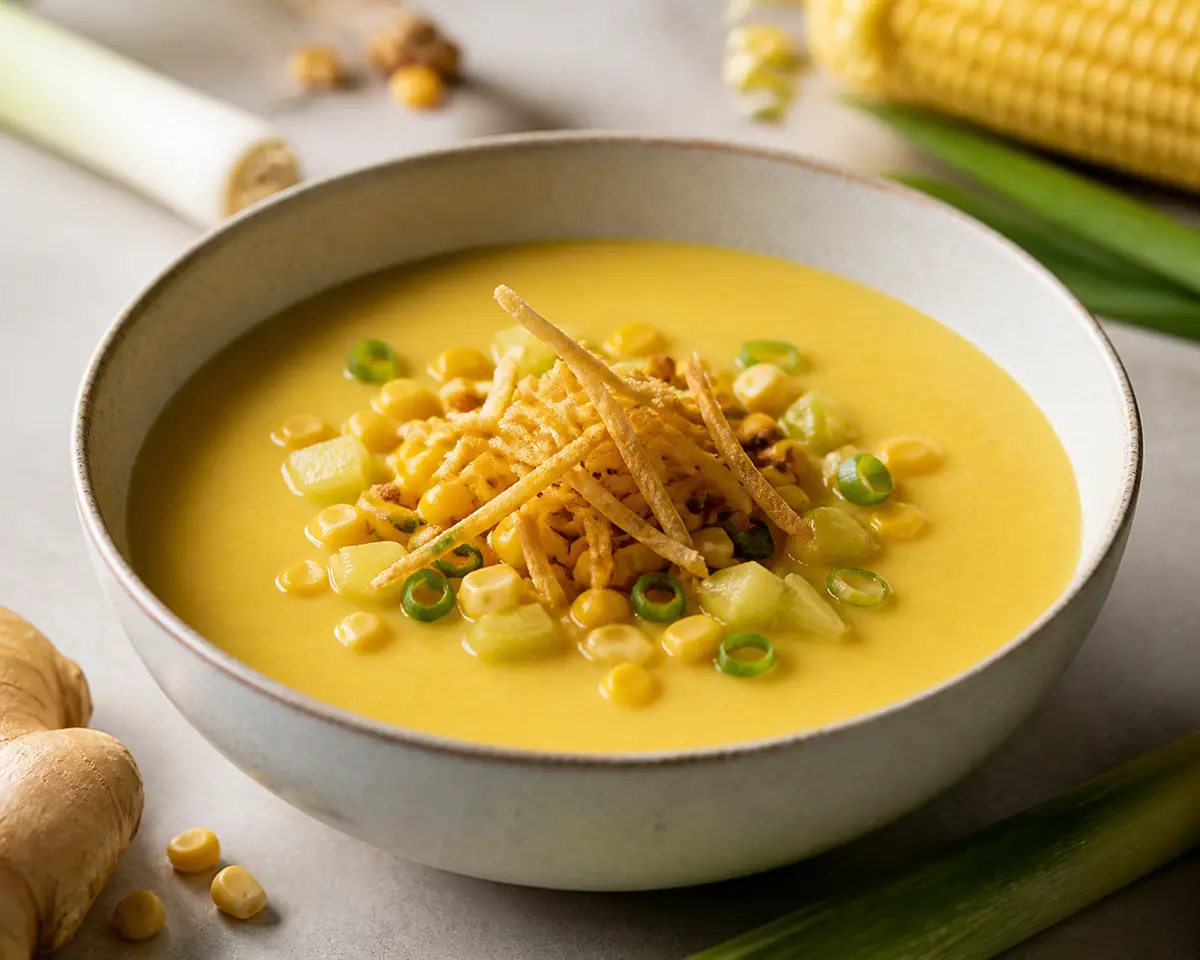 Sopa Dorada de Maíz Asado y Jengibre Crujiente