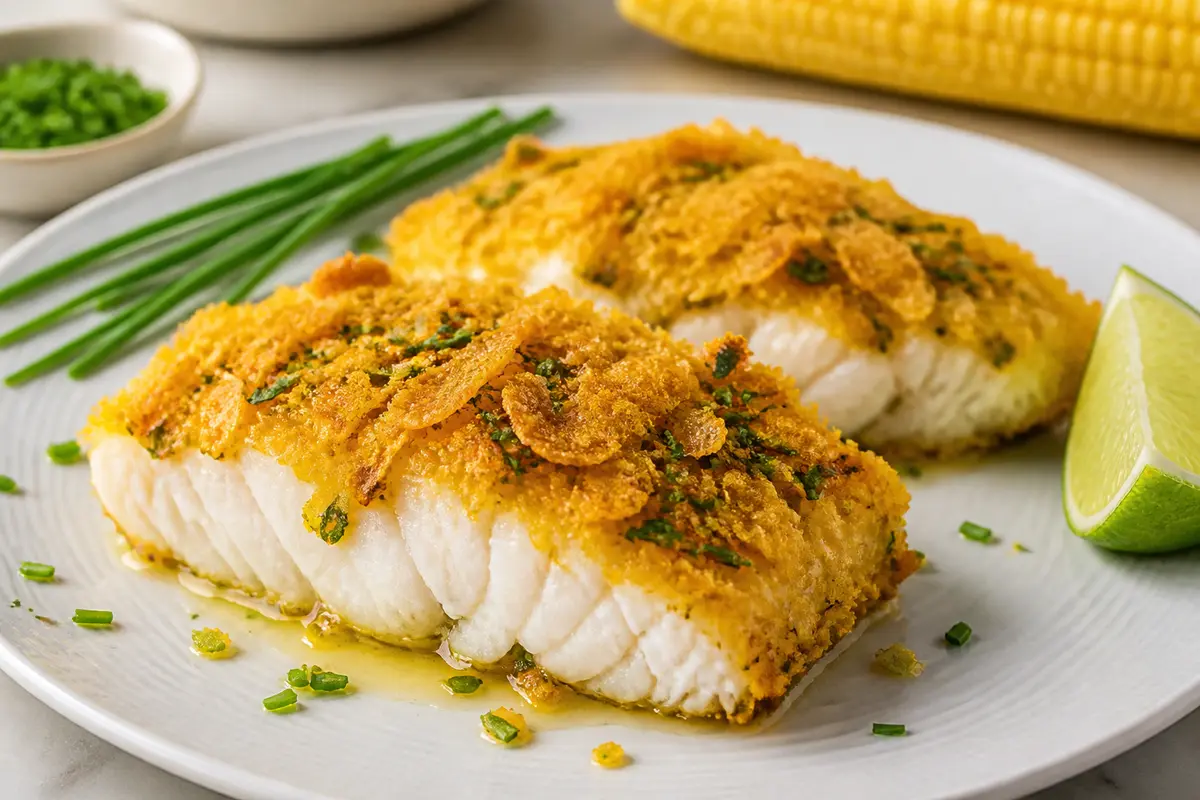 Merluza Dorada con Costra de Maíz, Lima y Cebollín