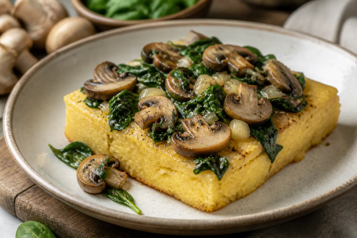 Pastel Rústico de Polenta con Champiñones y Espinaca