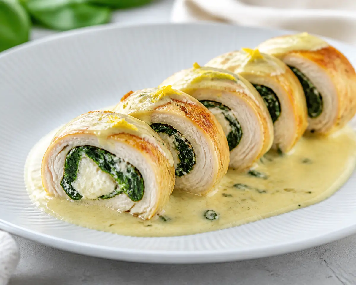 Rollitos Keto de Pollo con Espinaca, Queso de Cabra y Salsa Cremosa de Limón