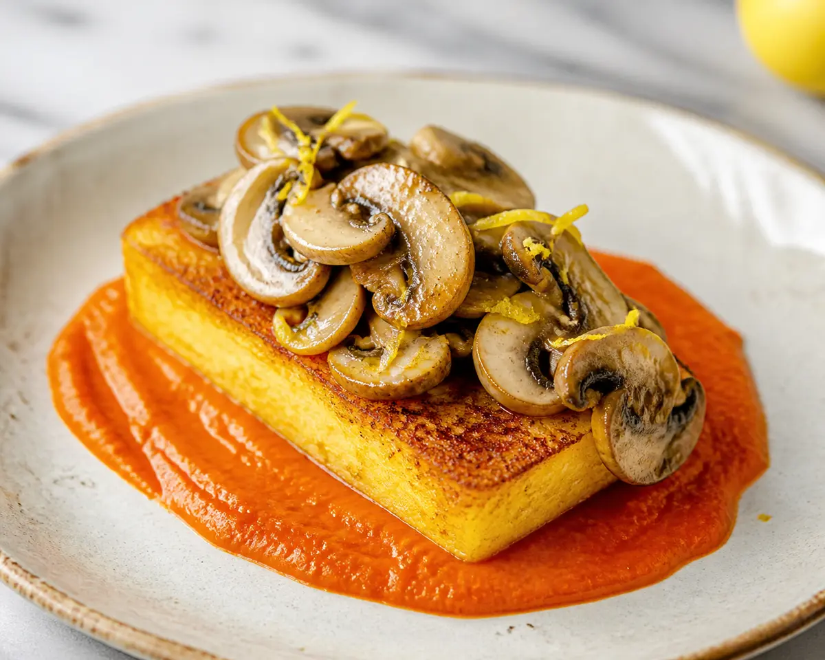 Crispy Polenta with Lemon Mushrooms and Roasted Pepper Sauce