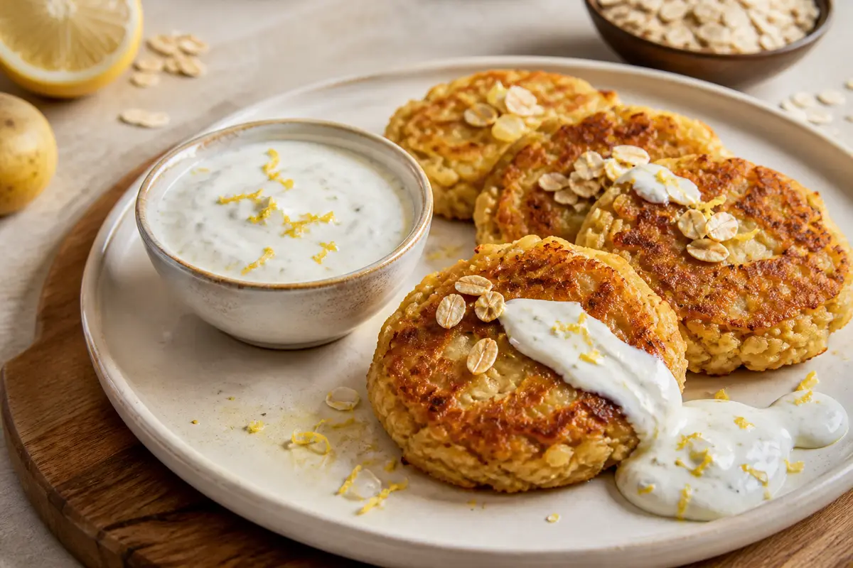 Tortitas Doradas de Papa y Avena con Salsa Cremosa de Yogur y Limón