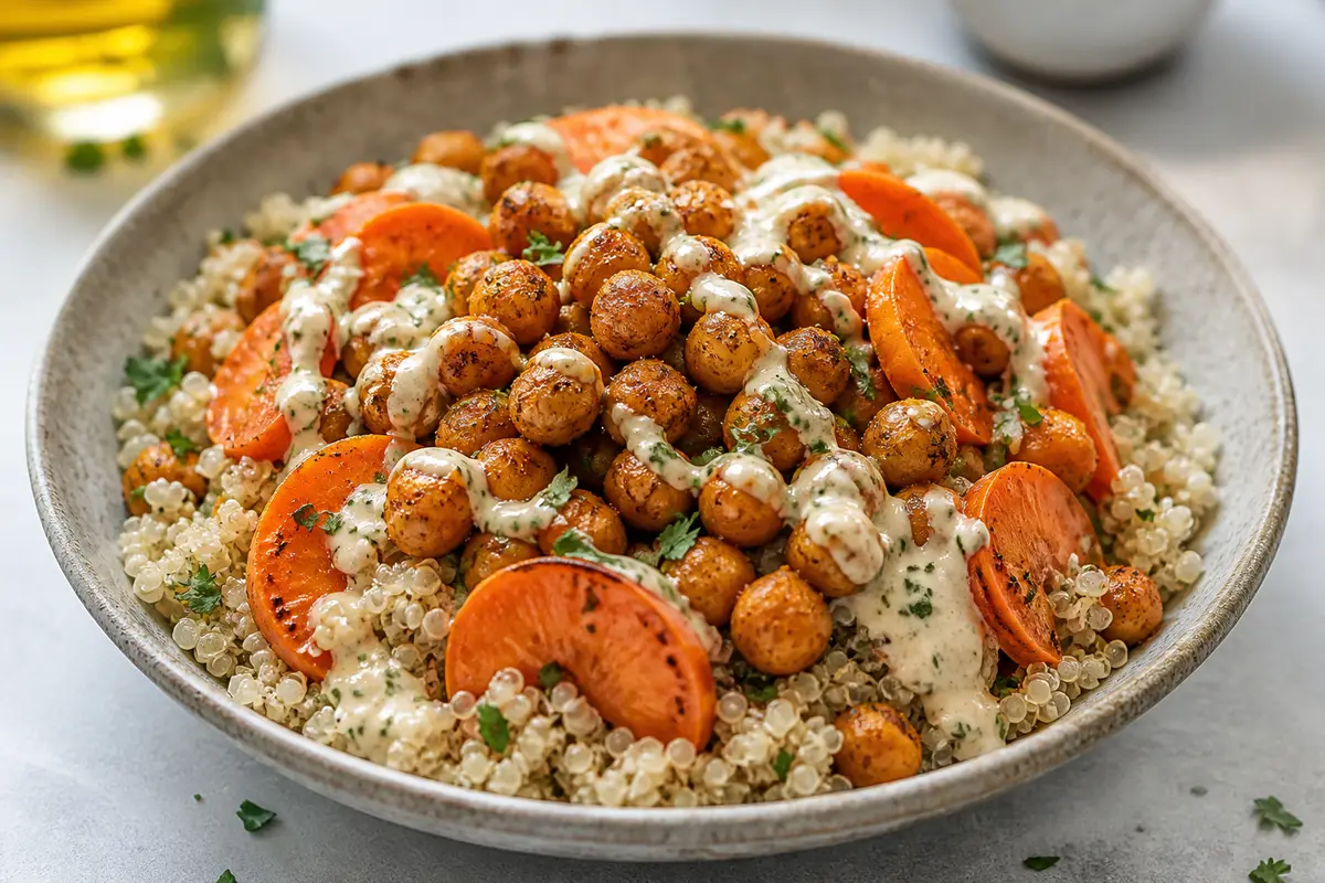 Bowl tibio de quinoa crujiente con garbanzos especiados y aderezo de tahini-limón