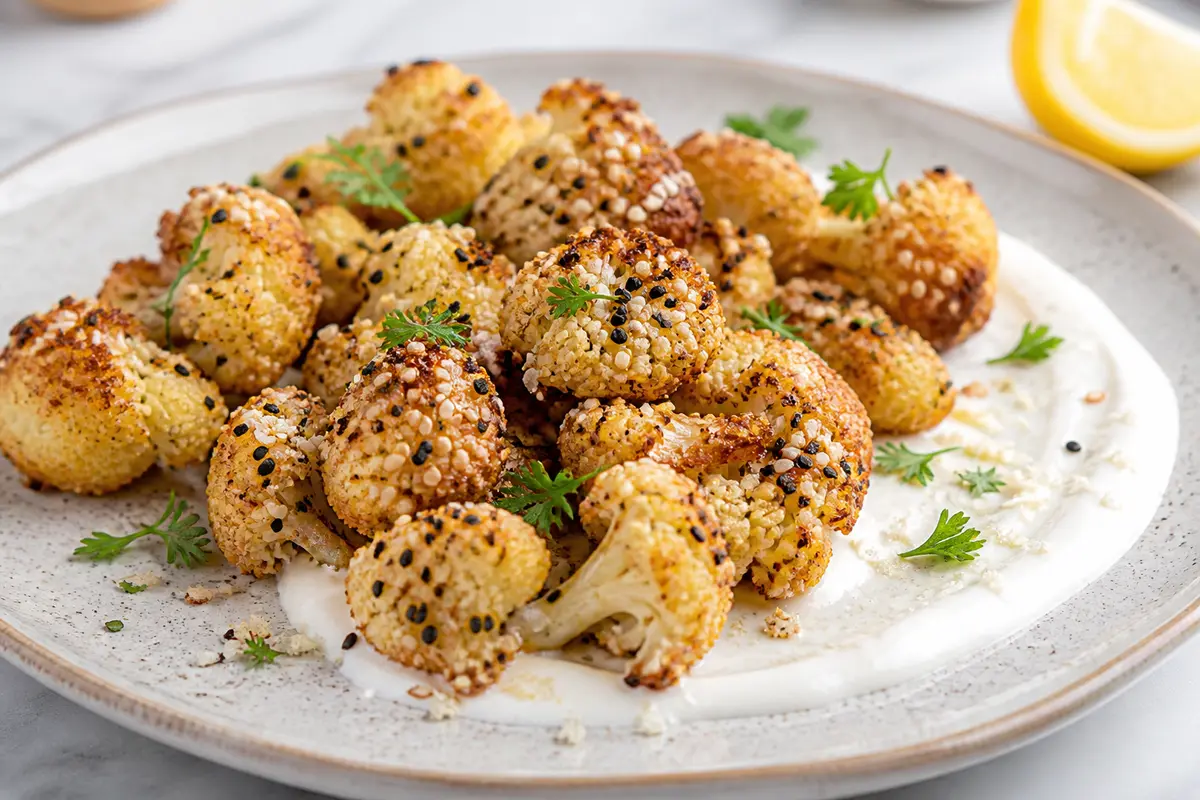 Air Fryer Crispy Cauliflower with Sesame Crust and Creamy Lemon Sauce