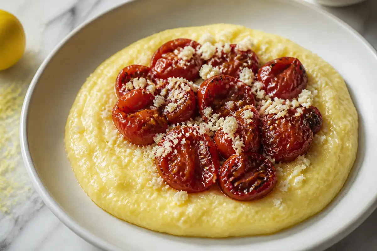 Polenta Cremosa al Limón con Tomates Asados y Migas de Parmesano