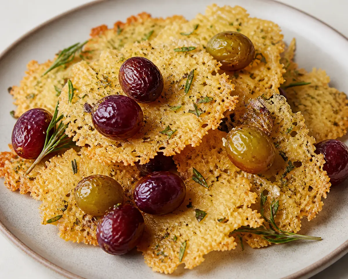Tejas Crujientes de Queso y Romero con Uvas Asadas