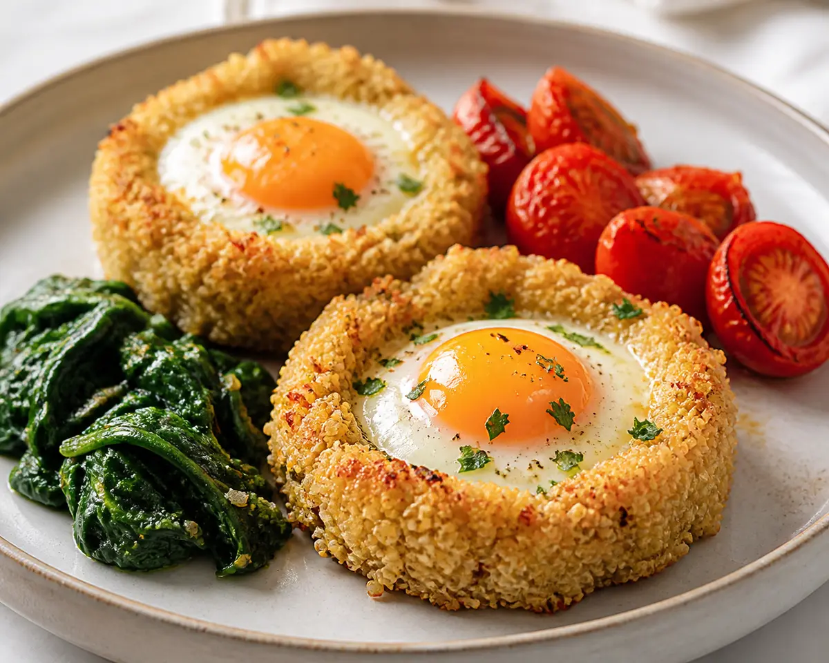 Nidos Dorados de Quinoa con Huevo al Horno, Espinaca y Tomates Asados