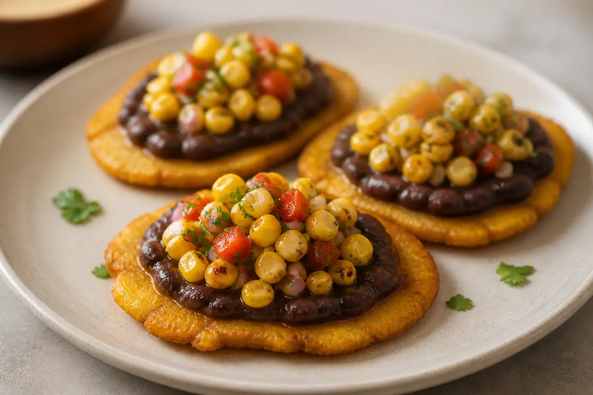 Tostadas de Plátano Maduro con Frijoles Ahumados y Pico de Maíz Asado