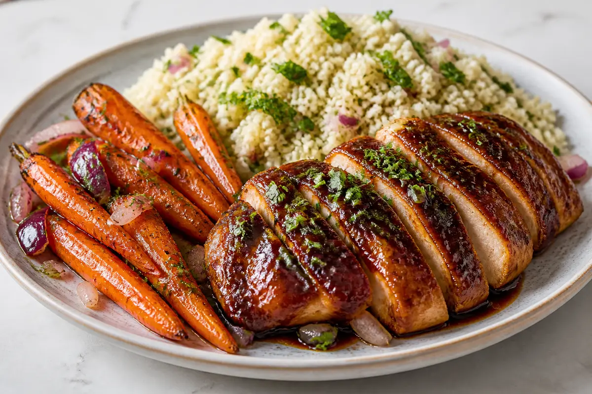 Pollo Glaseado de Tamarindo con Cuscús Verde y Zanahorias al Comino