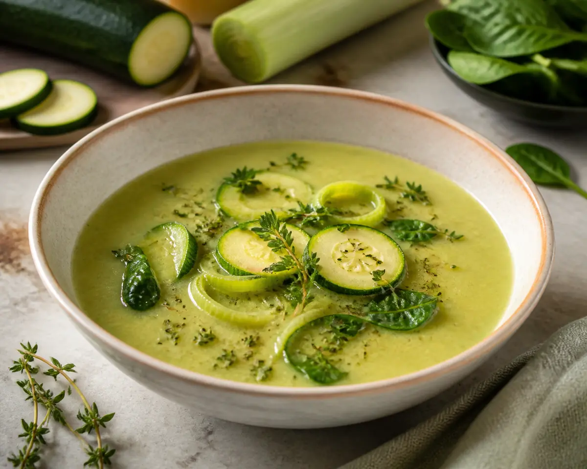 Silky Green Zucchini, Leek and Toasted Herb Soup
