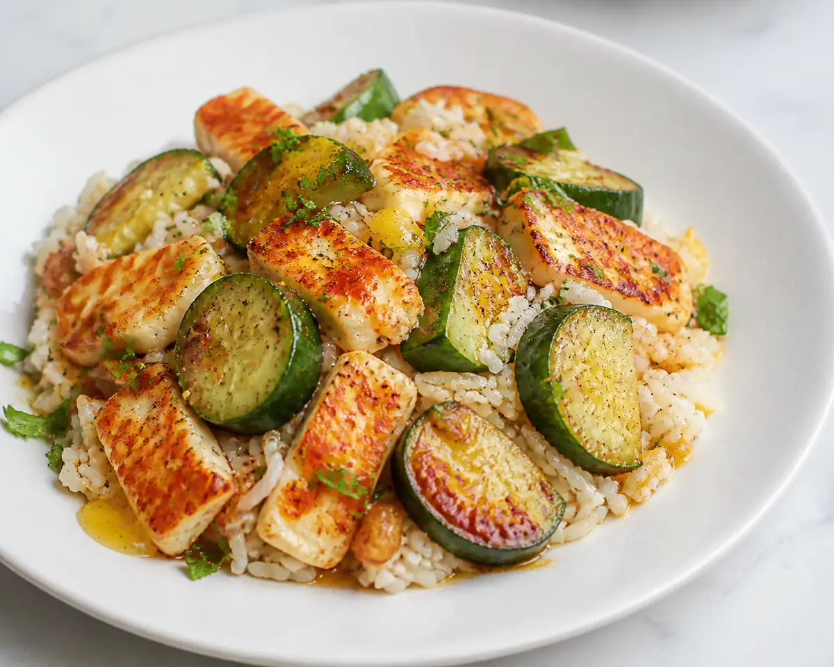 Crispy Jasmine Rice Salad with Seared Cucumber and Halloumi in Apricot-Lime Vinaigrette