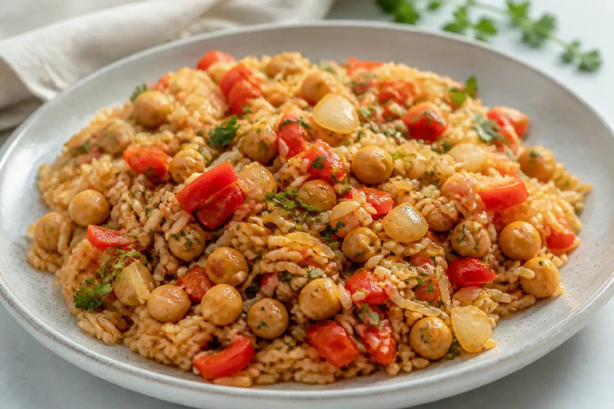 Arroz Tostado de Pimiento Asado, Garbanzos y Hierbas