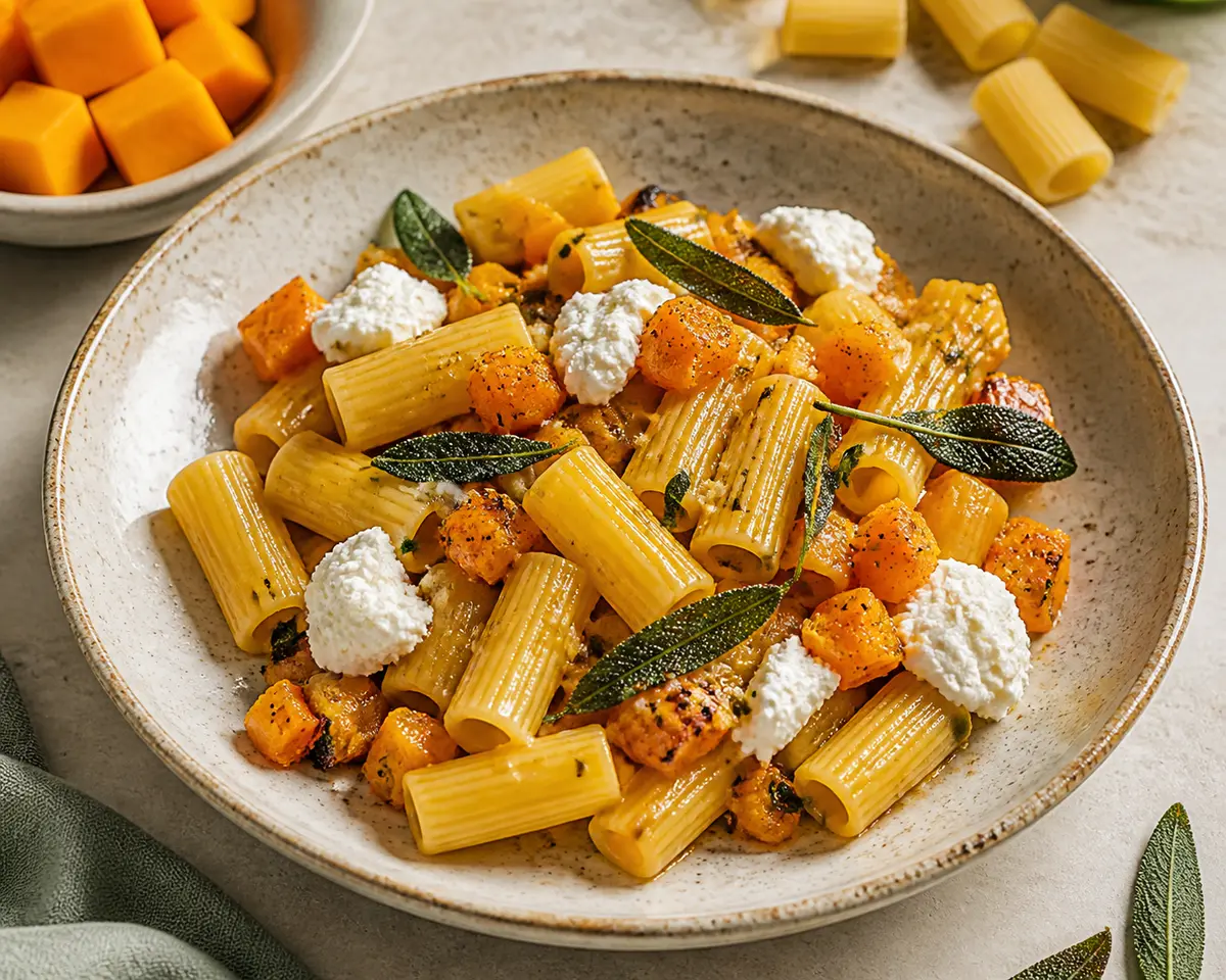 Rigatoni de calabaza dorada, salvia crujiente y ricotta especiada