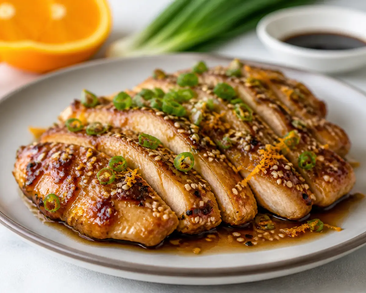 Pollo Dorado con Costra de Sésamo, Naranja y Cebolleta